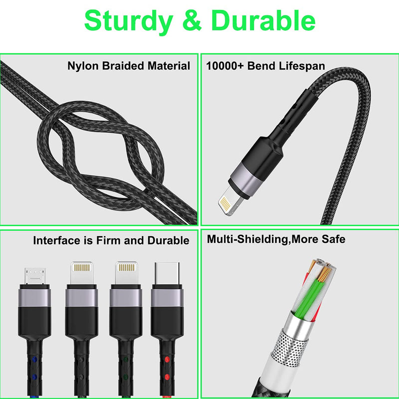 [Australia - AusPower] - Multi 4 in 1 USB Charging Cable，3M/10Ft Universal Phone Charger Cord Lightning*2+Type C+Micro USB Extra Long Nylon Braided Connector Adapter for Cell Phone/Android/Apple/iOS/Samsung/LG/Huawei/XiaoMi 