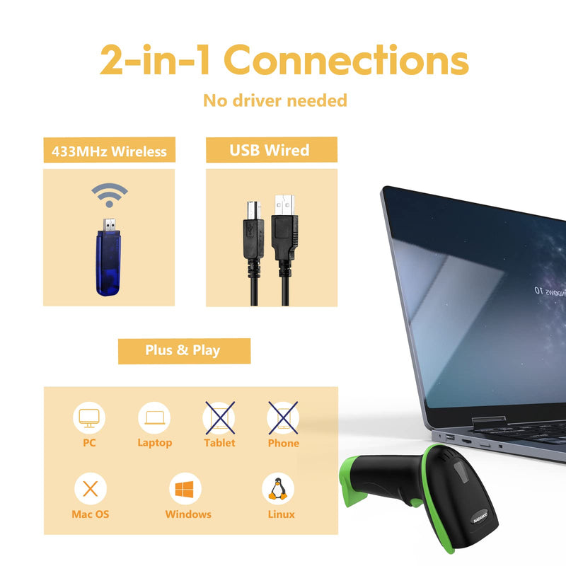 [Australia - AusPower] - NADAMOO Wireless Barcode Scanner 328 Feet Transmission Distance USB Cordless 1D Laser Automatic Barcode Reader Handhold Bar Code Scanner with USB Receiver for Store, Supermarket, Warehouse - Green 