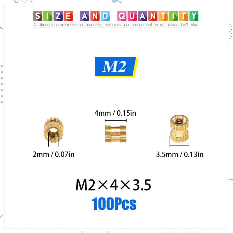 [Australia - AusPower] - Glarks 100Pcs M2 x 4 x 3.5mm Female Thread Knurled Brass Threaded Insert Embedment Nut for 3D Printing Projects M2x4x3.5mm 