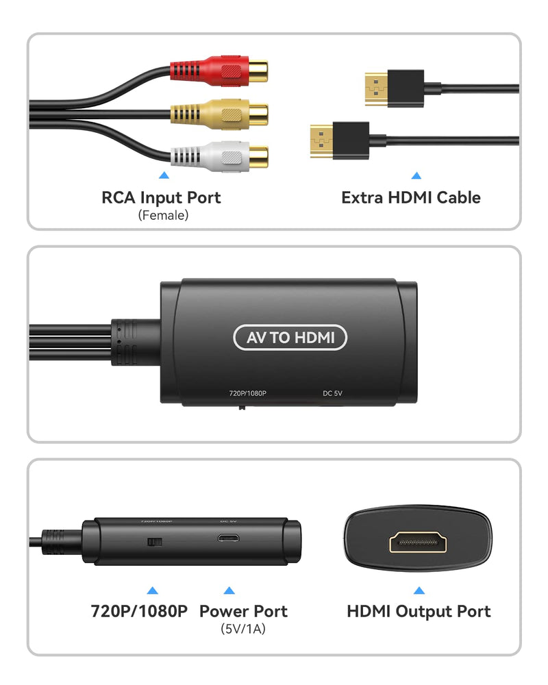 [Australia - AusPower] - ABLEWE RCA to HDMI Converter, AV to HDMI Adapter, Composite to HDMI Adapter Support 1080P, PAL/NTSC Compatible with WII WII U/PS one PS2/PS3 STB Xbox VHS VCR Blue-Ray DVD ect. (A) A 