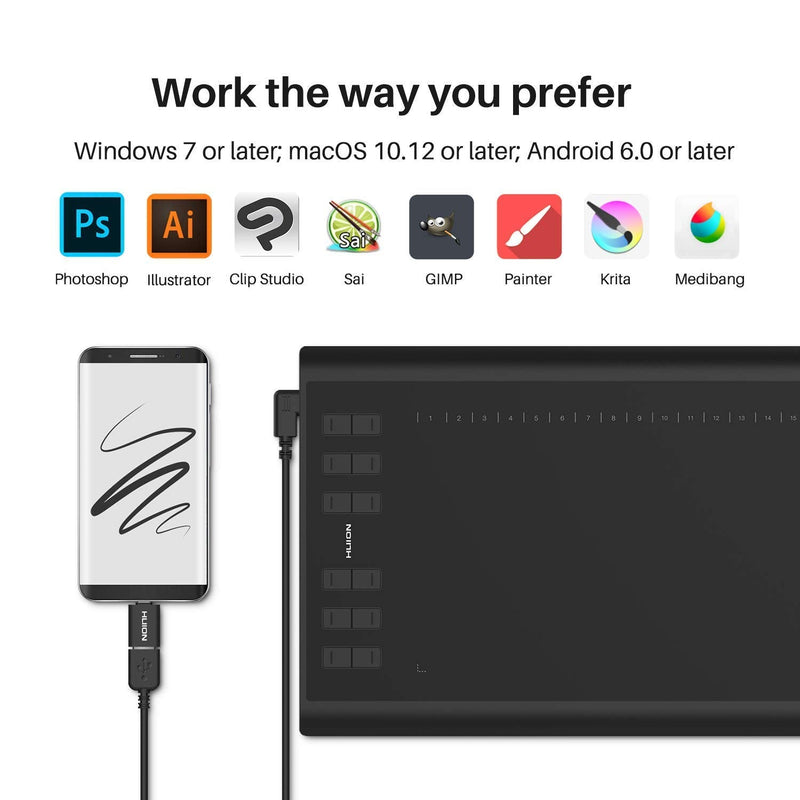 [Australia - AusPower] - Huion Inspiroy H1060P Graphics Drawing Tablet with 2 PCS Digital Pen PW100, OTG Adapter Included 