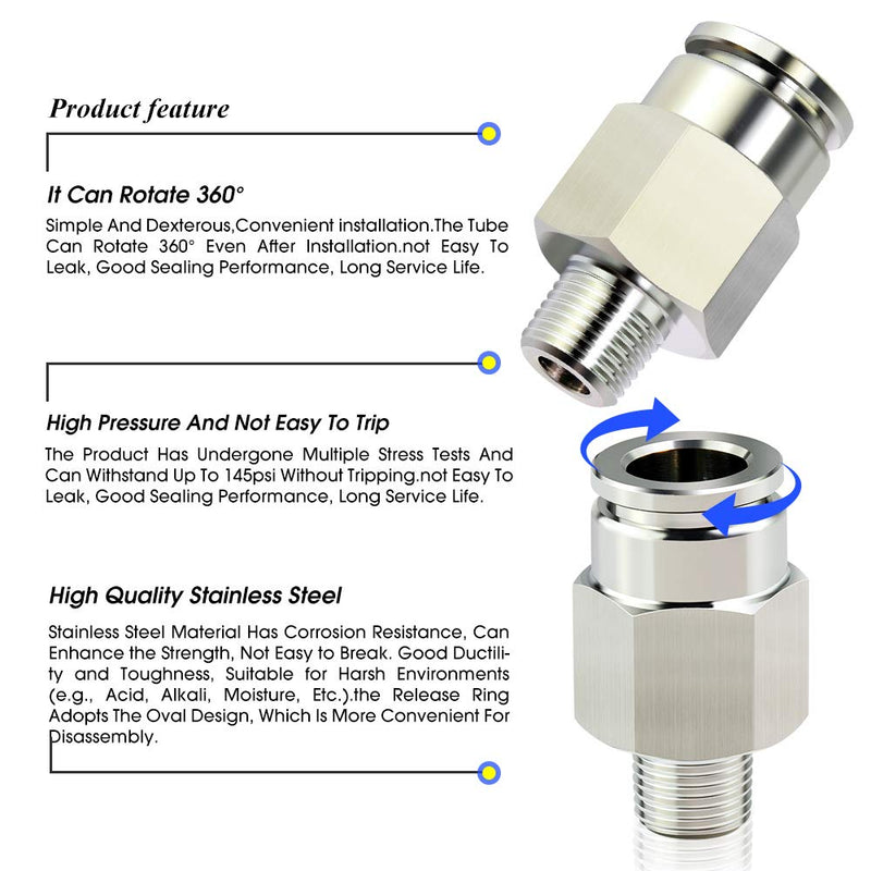 [Australia - AusPower] - TAILONZ PNEUMATIC 304 Stainless Steel Male Straight 1/4 Inch Tube OD x 1/8 Inch NPT Thread Push to Connect Fittings PC-1/4-N1 (Pack of 5) 1/4''OD 1/8''NPT 