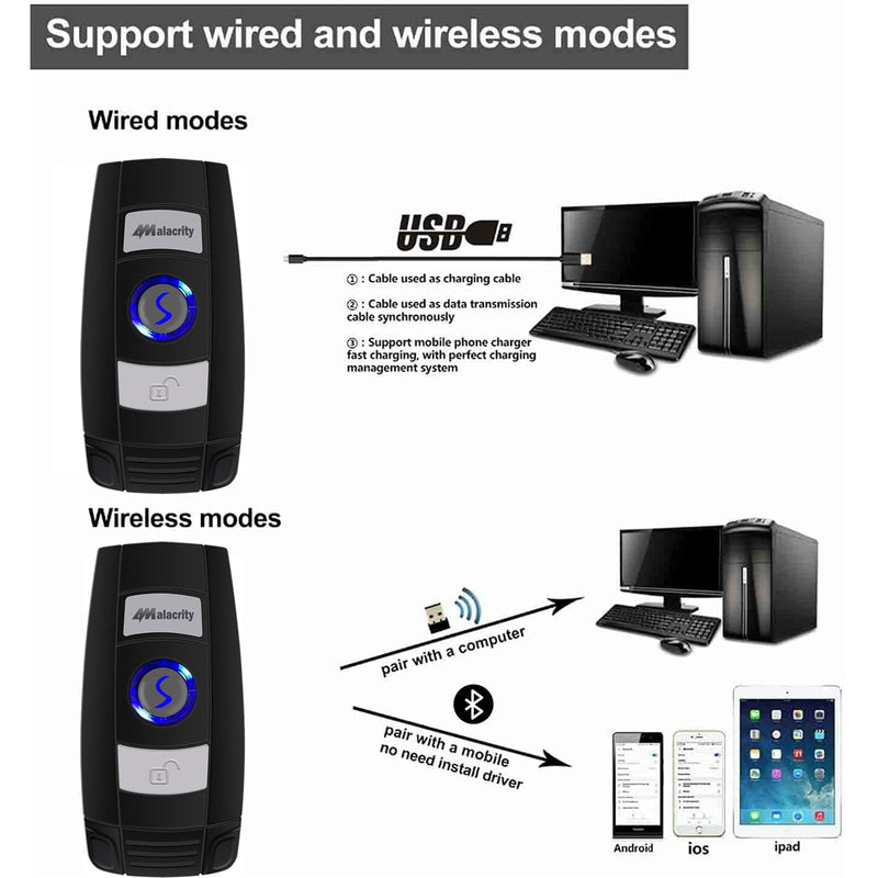 [Australia - AusPower] - Alacrity Bluetooth Barcode Scanner, Portable Mini 1D Handheld Barcode Scanner 3-in-1 Bar Code Reader Scanner Scanning Work with Windows, Android, iOS, Tablets or Computers Able to Scan Codes on Screen 