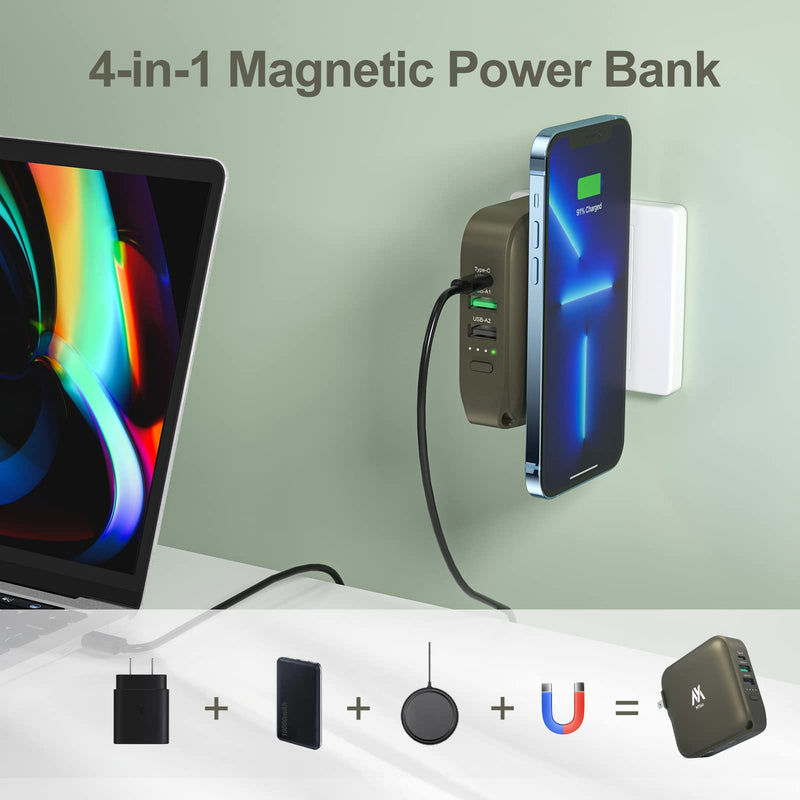 [Australia - AusPower] - MYao Magnetic Wireless Power Bank, 15W Wireless Portable Phone Charger 10000mAh, 4 Output PD 20W, QC 18W Cell Phone Battery Pack Built in Wall Charger for iPhone, iPad, Samsung, Pixel and More, Green Army Green 