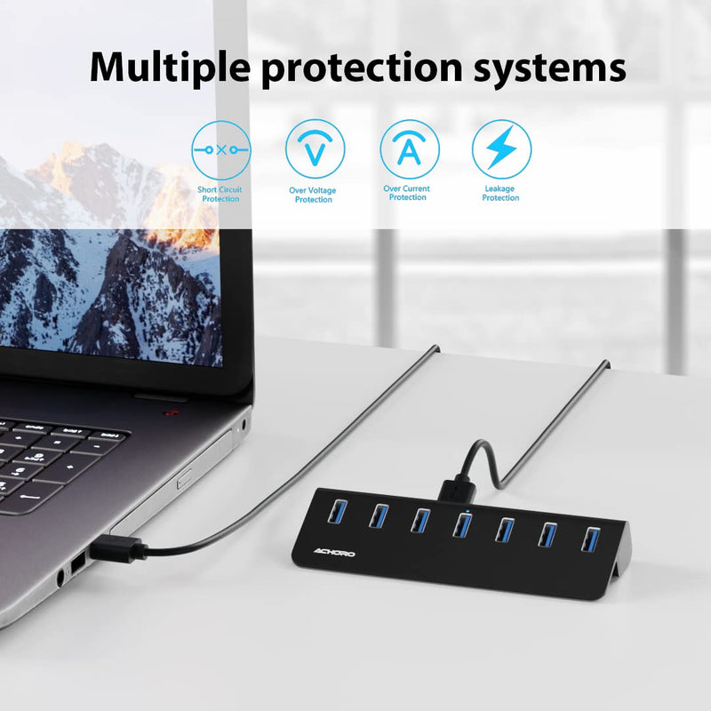 [Australia - AusPower] - Achoro 7 Ports Powered USB HUB – 2nd Generation 10GB Super Speed External USB Port – USB 3.2 Aluminium USB Hub for Computer, Mac, PCs, Smartphone & Tablets – Computer Multiple USB Hub (Powered Black) POWERED BLACK 