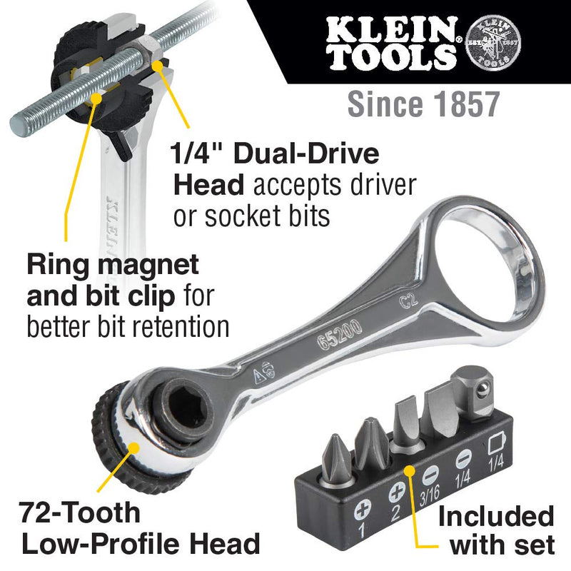 [Australia - AusPower] - Klein Tools 65200 Ratchet Set, 5-Piece Mini Ratchet Set with Phillips, Slotted, and Adapter for Other Socket Sizes, For Tight Spaces 