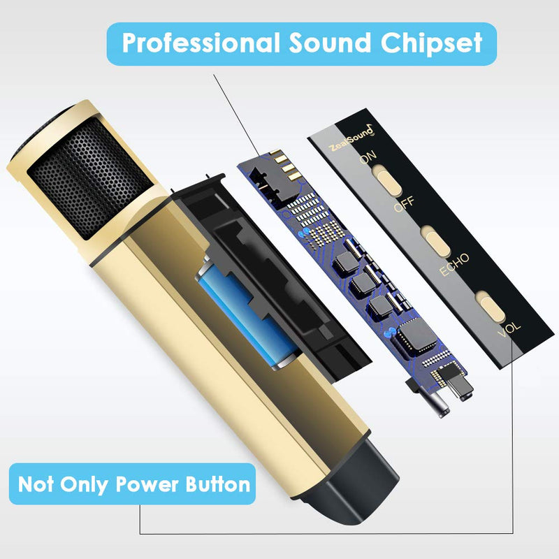 [Australia - AusPower] - Studio Recording Microphone, ZealSound Condenser Broadcast Microphone w/Stand Built-in Sound Card Echo Recording Karaoke Singing for Phone Computer PC Garageband Smule Live Stream & YouTube (Gold) Gold 