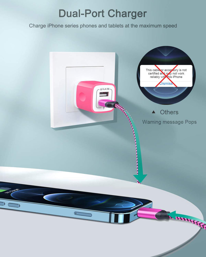 [Australia - AusPower] - [Apple MFI Certified] iPhone Charger for 12/12 Mini/12 Pro/12 Pro Max/SE/11/11 Pro/11Pro Max/XS/XR/8/7/6s, iPad, iPod, AILKIN Fast Charging Braided Cable with USB Wall Charger, Dual USB Block 6ft Cord pink 