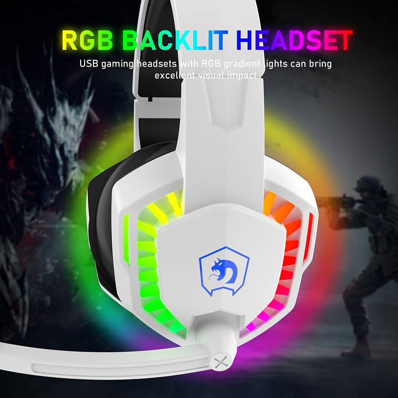 [Australia - AusPower] - Wired Gaming Headset with Rainbow RGB Backlight Retractable Noise Isolating Microphone Stereo Sound Deep Bass Memory Foam Earmuff Over Ear Headphone for PS4 Xbox One Switch PC Mac Gamer Music (White) White 