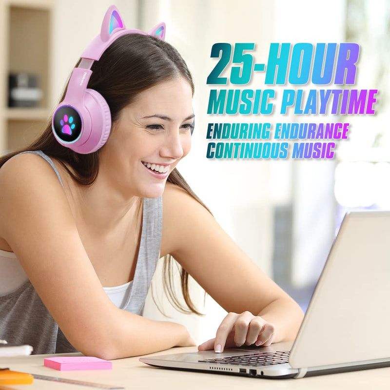 [Australia - AusPower] - Mokata Gaming Bluetooth 5.0 Wireless Headphones Over Ear Cat LED Light Foldable Music Headset with AUX 3.5mm Microphone (Built-in) for Adult & Kids PC TV Game Music Pad Laptop Cellphone Pink Bluetooth Wireless 
