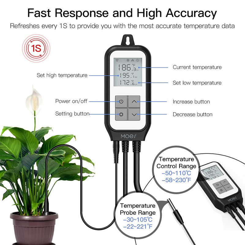 [Australia - AusPower] - MOES Smart WiFi Digital Temperature Controller Thermostat Outlet Heating and Cooling Mode,for Greenhouse,Terrarium Carboy Heater,Smart Life App Remote Control,Work with Alexa and Google Home,Black 