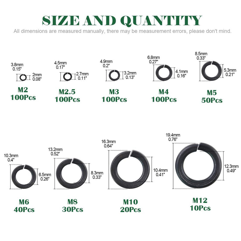 [Australia - AusPower] - Keadic 550Pcs Spring Lock Washer Assortment Kit Black Zinc Plated Alloy Steel, 9 Sizes - M2 M2.5 M3 M4 M5 M6 M8 M10 M12 Zinc Plated Lock Washer - 550Pcs 