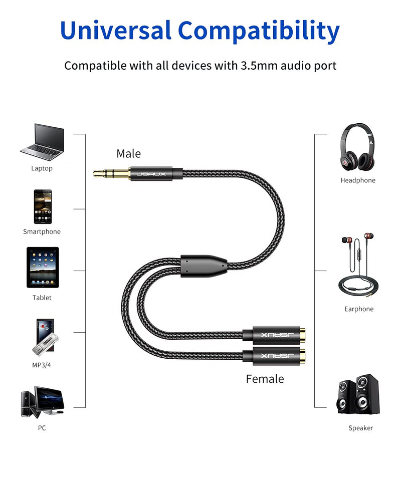 [Australia - AusPower] - JSAUX Headphone Splitter, Audio Splitter 3.5mm Male TRS to 2 Dual 3.5mm Female Adapter Nylon-Braided Stereo Y Aux Cable Splitter for iPhone, Samsung, Tablets, Laptop, Playstation and More [Black] 0.9ft Black 