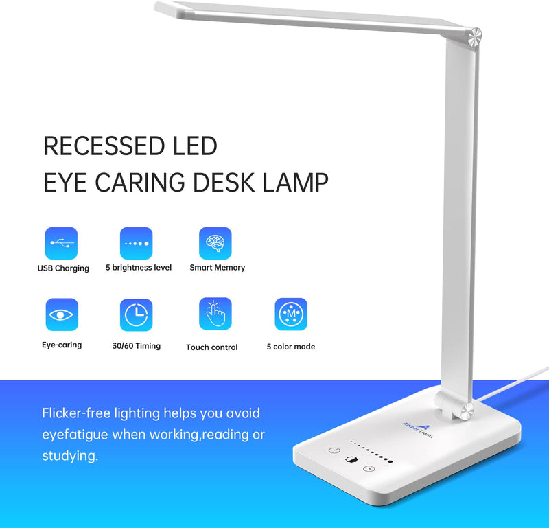 [Australia - AusPower] - Ambertronix LED Desk Lamp with USB Charging Port, Dimmable Eye-Caring Reading Desk Light for Home, with 5 Brightness Level & 5 Lighting Modes, Touch Control, Auto Timer (White) 
