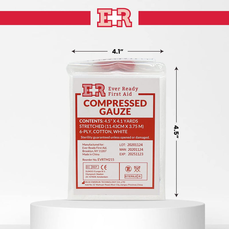 [Australia - AusPower] - Ever Ready First Aid Compressed Sterile Gauze, 6-Ply Emergency Medical Dressing for First Aid Kits, Hemostatic Control Bandage – 4.5” x 4.1 Yards - 5 Pack 