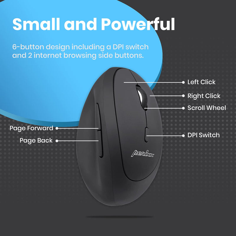 [Australia - AusPower] - Perixx PERIMICE-719 Wireless 2.4 GHz Ergonomic Vertical Optical Mouse, Portable Mini Size, 3 Level DPI, Right Handed, Black 