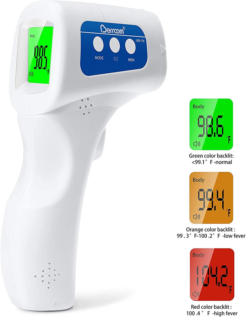 [Australia - AusPower] - Berrcom Non Contact Infrared Forehead Thermometer for Adults, Kids, Baby - Medical Grade Digital Termometro Fever Check Temperature JXB-178 - Includes 5 Face Masks Bundle (Batteries Not Included) 