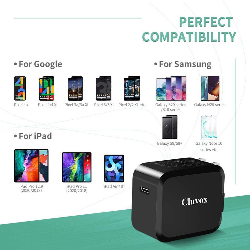 [Australia - AusPower] - Cluvox 18W USB C Fast Wall Charger& 6ft Type C Cable Compatible for Google Pixel 5/4a/4/3a/3/2/XL, iPad Air 4th Gen 2020/2018 iPad Pro 12.9/11, Samsung Rapid PD Phone Charger with Foldable Plug 