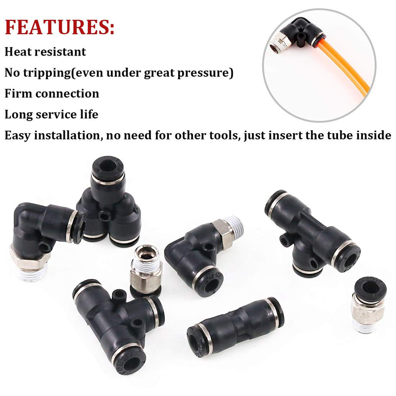 [Australia - AusPower] - Hilitchi 12 Pcs 15/64" 6mm Od Pneumatic Plastic Push to Connect Fittings Kit Black 2 Male Elbows, 2 L Shaped Male Elbows, 2 Male Straight, 2 Tee, 2 Y Spliters and 2 Straight Unions-6mm Combo Pack 