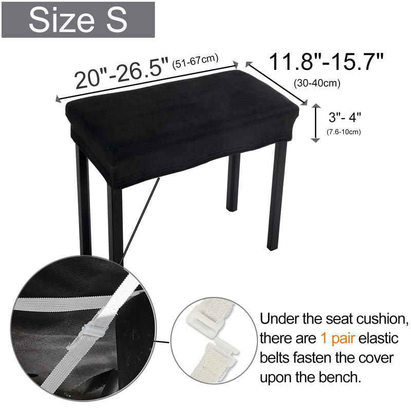 [Australia - AusPower] - SINOSSO Soft Velvet Piano Bench Cover, (20"- 26.5") L x (11.8"- 15.7") W Rectangle Stretch Washable Stool Upholstered Protector Slipcover, (S, Black) Small 