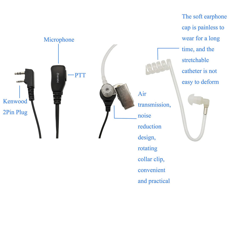 [Australia - AusPower] - Zkarabc Walkie Talkies Earpiece with Mic 2 Pin Acoustic Tube Headset Compatible with Kenwood BF-888S UV-5R Retevis H-777 RT22 Puxing Wouxun (10 Pack) 