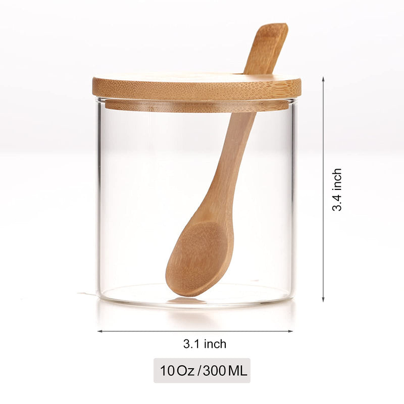 [Australia - AusPower] - 300ML/10Oz Clear Glass Jar with Bamboo Lid and Wooden Spoon, Cute Sugar Bowl Bath Salt Storage Canister Seasoning Container Condiment Pot with Scoop for Spice, Pepper for Kitchen, Table, Countertop 1 