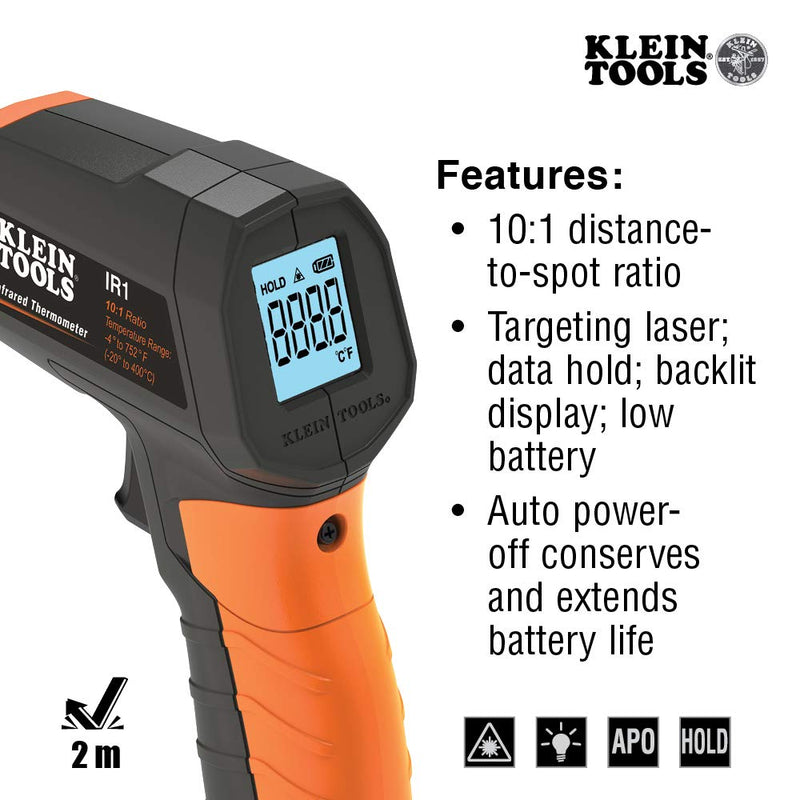 [Australia - AusPower] - Klein Tools IR1 Infrared Thermometer, Digital Laser Gun is Non-Contact Thermometer with a Temperature Range -4 to 752-Degree Fahrenheit IR Thermometer 