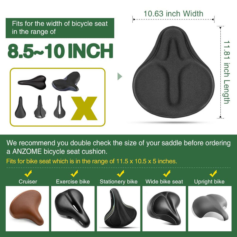 [Australia - AusPower] - ANZOME Exercise Bike Seat Cushion, Wide Foam & Extra Soft Gel Bike Seat Cushion for Women Men Everyone, Compatible with Cruiser, Stationary Bike, Exercise Bike, Fit Wide 8.5-10in(Rain Cover Included) Black Gel 