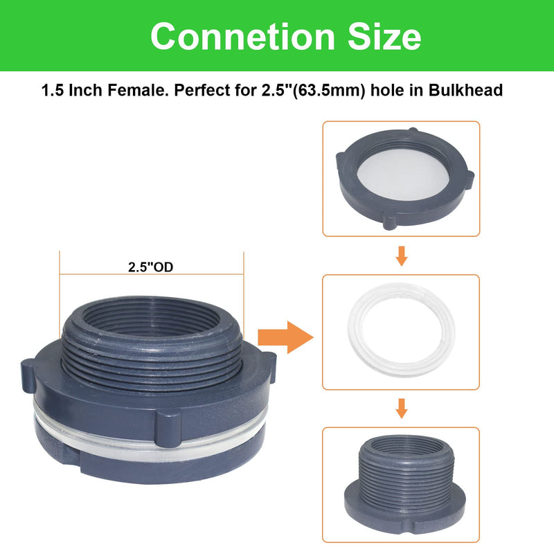 [Australia - AusPower] - 2 Pieces 1.5 Inch PVC Bulkhead Fitting Water Tank Connector Adapter Fitting with Plugs for Water Tanks Rain Barrels Aquariums (1.5"-2pcs) 1.5"-2pcs 