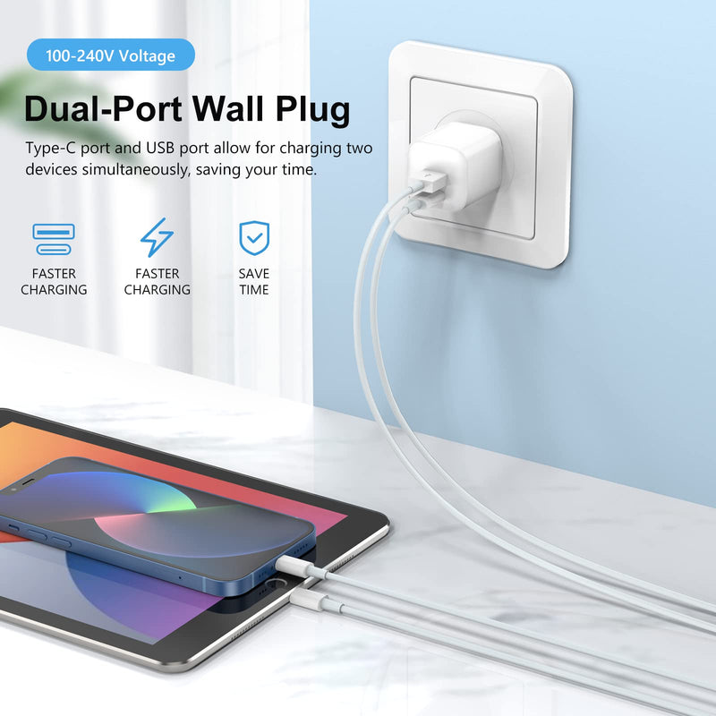 [Australia - AusPower] - USB Wall Charger, 2-Pack 20W Dual Port USB-C & USB-A Power Adapter with 2-Pack 3FT Type-C to Lightning Cables Charging Block for iPhone 13/13 Mini/13 Pro Max/12/11/XS Max/XS/XR/X, Galaxy, Pixel 2 chargers+2 cables 