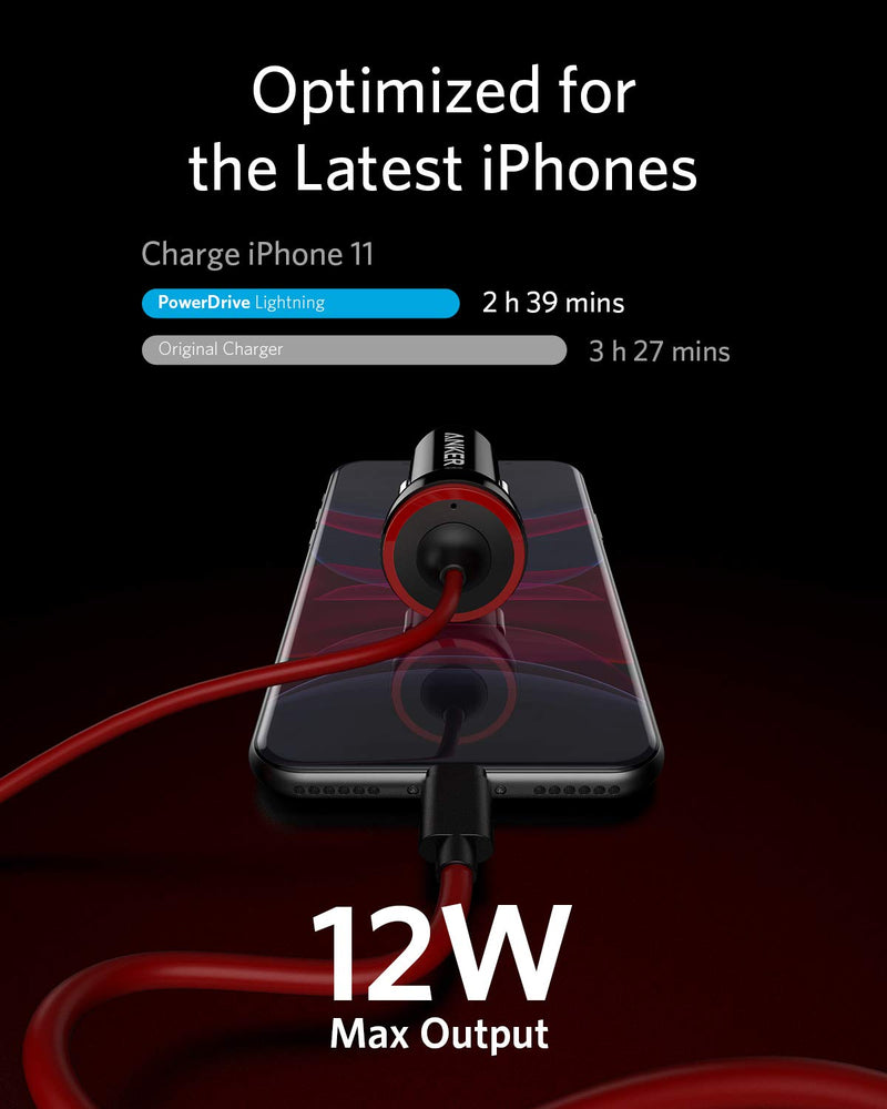 [Australia - AusPower] - iPhone Car Charger, Anker 12W 5V Lightning Car Charger [Mfi-Certified], PowerDrive Car Charger with 3ft Apple Certified Cable, for iPhone XS/Max/XR/X/8/7/6/Plus, iPad Pro/Air 2/Mini, and More 