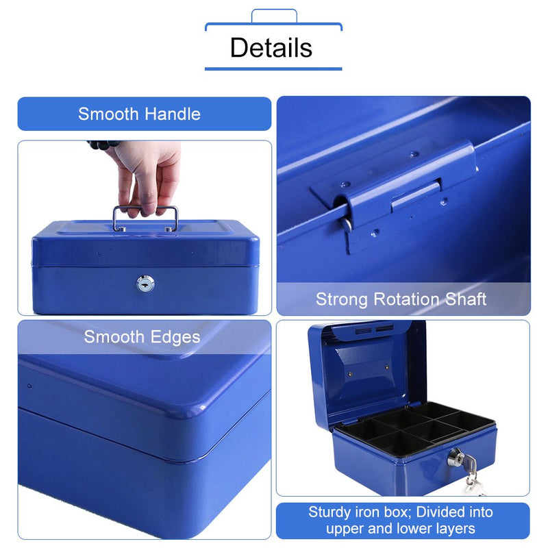 [Australia - AusPower] - 1Pc Metal Cash Box,Small Portable Steel Lockable Cash  Security Box,Resistant Safe Lock Box with Key (Blue) Blue 