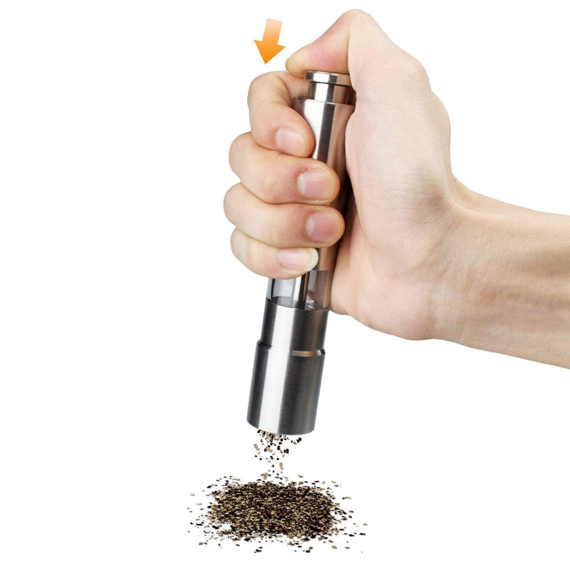[Australia - AusPower] - [Set of 2] Premium Stainless Steel Salt Grinder & Pepper Mill Set for Peppercorns Sea Salt Himalayan Salt and Spices, Thumb Push Button for 1 Hand Operation 
