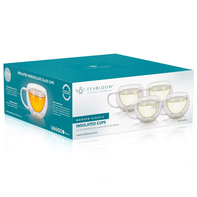 [Australia - AusPower] - Teabloom Modern Classic Insulated Cups – 6 oz / 200 ml – Set of 4 Double Walled Glass Cups for Tea or Coffee 4 Count (Pack of 1) 