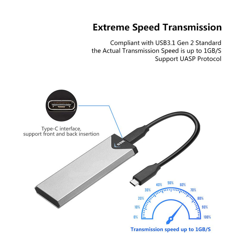 [Australia - AusPower] - SSK Aluminum M.2 NVME SSD Enclosure Adapter, USB 3.1/3.2 Gen 2 (10 Gbps) to NVME PCI-E M-Key Solid State Drive External Enclosure Support UASP Trim (Fits only NVMe PCIe 2242/2260/2280) 