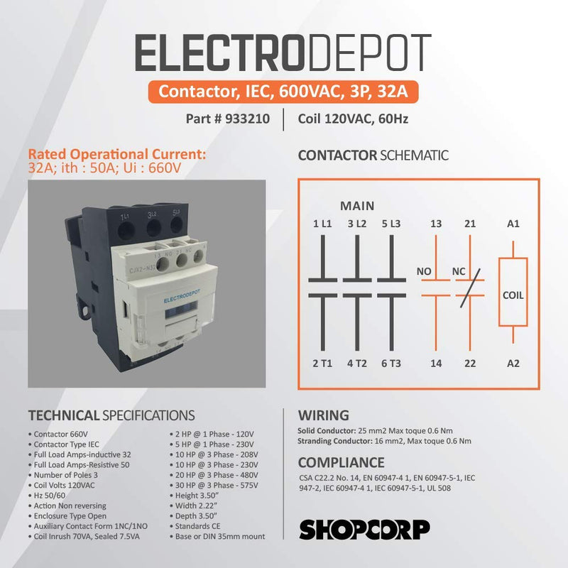 [Australia - AusPower] - Electrodepot 20 Amp Motor Control AC Contactor 18A 3 Phase 3-Pole, Lighting 32A Coil 120V - 100% Quality 