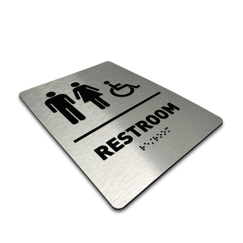 [Australia - AusPower] - Unisex/Wheelchair Bathroom Sign by GDS - ADA Compliant, Wheelchair Accessible, Raised Icons, & Grade 2 Braille - Includes Adhesive Strips for Easy Installation - Modern Restroom Signs for Offices, Businesses, & Restaurants - 6" W x 8" H (Brushed Alumin... 