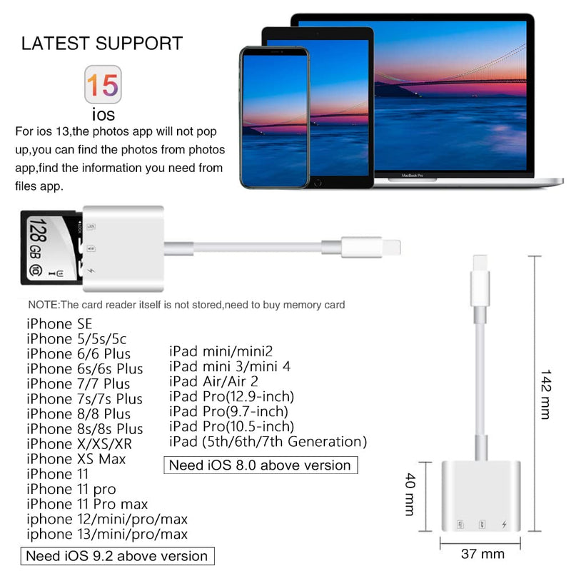 [Australia - AusPower] - SD Card Reader for iPhone iPad,Micro SD Card Reader Memory Card Reader Plug and Play Trail Camera Viewer SD Card Adapter,Simultaneous Charging and Card Reading Micro SD Card Adapter white 