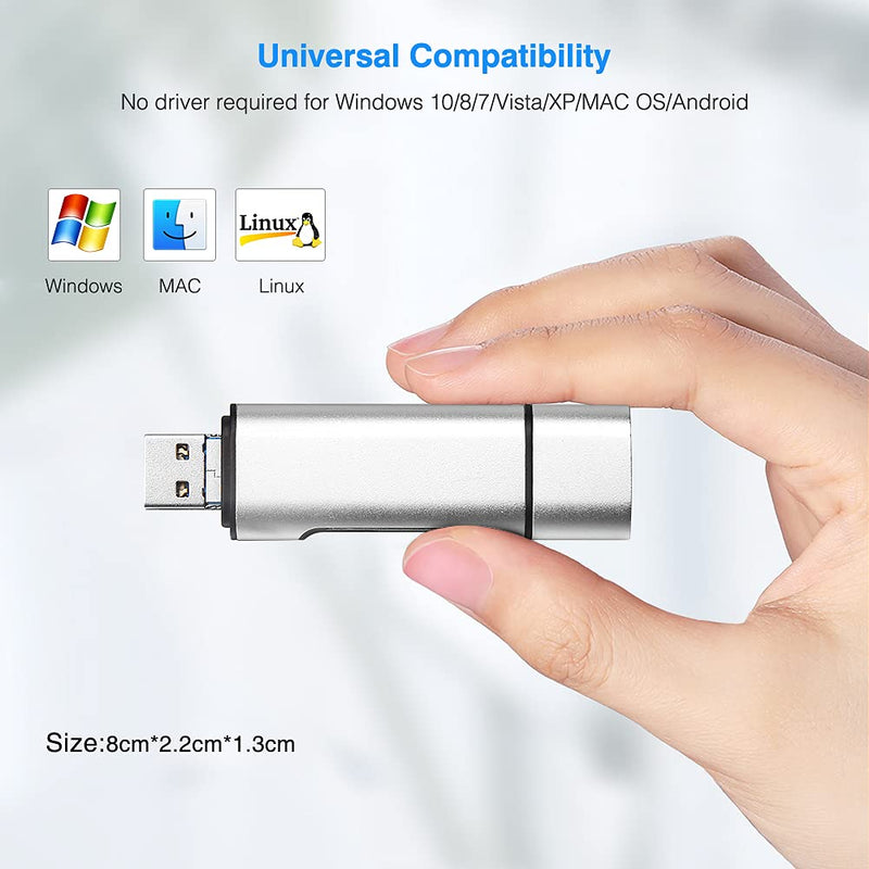 [Australia - AusPower] - SD/Micro SD Memory Card Reader, BorlterClamp 3 in 1 Memory Card Reader with USB C Micro-USB OTG Adapter Compatible with PC, Laptop, MacBook, Tablet, Smartphone (Silver) silver 