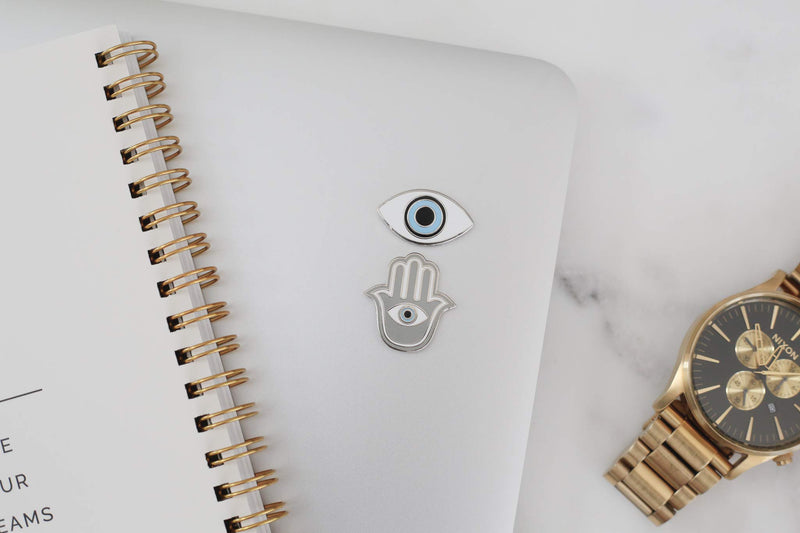 [Australia - AusPower] - Hamsa And Evil Eye Metal Sticker Charms Set Of 2, Decoration For Phones, Laptops & Car Interiors. Reusable And Easily Removable. Universal Spiritual Symbols of Protection. Evil Eye Hamsa Hand grey white blue 