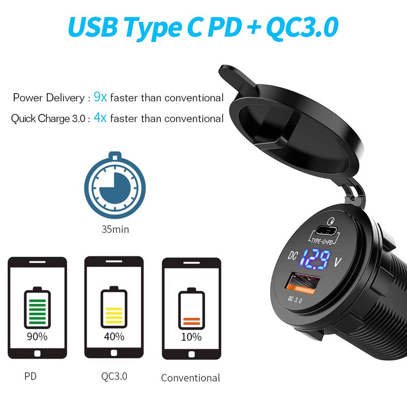 [Australia - AusPower] - MICTUNING 36W Fast PD USB-C Car Charger with USB Quick Charge 3.0 and Type C Charger Socket with LED Digital Voltmeter Compatible with iPhone Pixel Samsung 