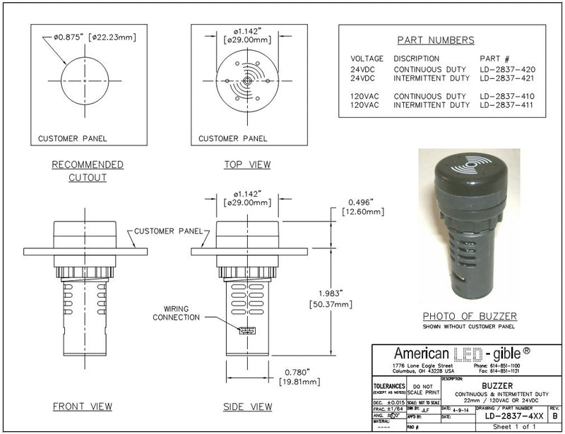 [Australia - AusPower] - American LED-gible LD-2837-410 22mm Panel Mount Buzzer, 120V, Continuous Duty 
