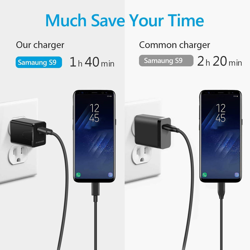 [Australia - AusPower] - Amoner U USB C Fast Charger,18W/3A PD Charger with Foldable Plug and 3FT USB C to USB C Cable Fast USB C Power Adapter for Galaxy S10 S10+ / Note 8,LG V20 and More (Black) 