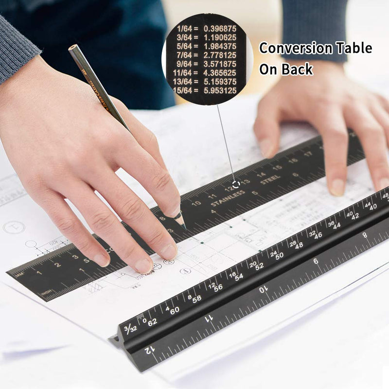 [Australia - AusPower] - Architectural Scale Ruler 12-Inch with Aluminum Standard Metal Ruler Set for Architect,Draftsman, and Civil Engineer Blueprints (Imperial) 