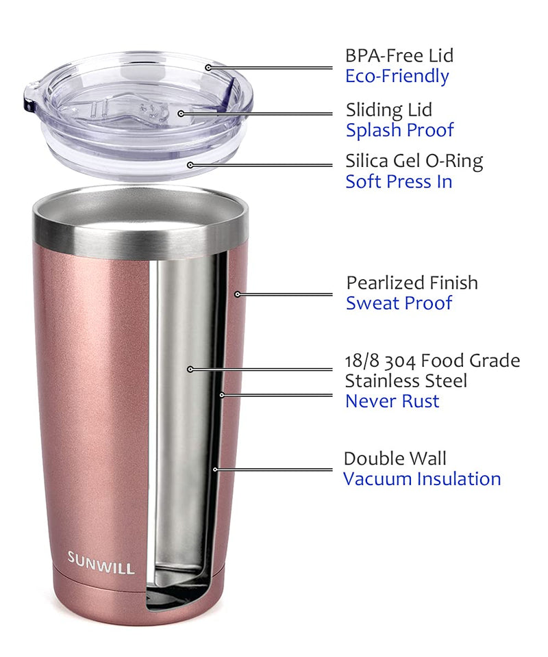 [Australia - AusPower] - SUNWILL 20oz Tumbler with Lid, Stainless Steel Vacuum Insulated Double Wall Travel Tumbler, Durable Insulated Coffee Mug, Rose Gold, Thermal Cup with Splash Proof Sliding Lid 20 oz 1 Pack .Pearlized Rose Gold 