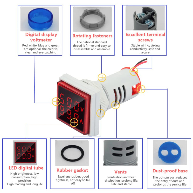 [Australia - AusPower] - LED Indicator Light, AC Voltage Signal Light Panel Digital Display Indicator Light 22mm 0-100A Current Indicator Green Red Yellow Blue Indicator Lights Flush Panel Mount(Red) 