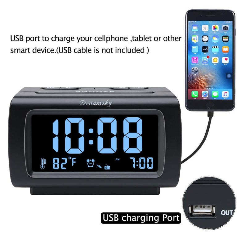 [Australia - AusPower] - DreamSky Alarm Clock Radio for Bedroom - FM Radio Clock with Battery Backup, USB Charing Port, 1.2 Inch Bold Digit 0%-100% Dimmer, Adjustable Alarm Volume, Temperature, Snooze, Sleep Timer, 12/24H Black 