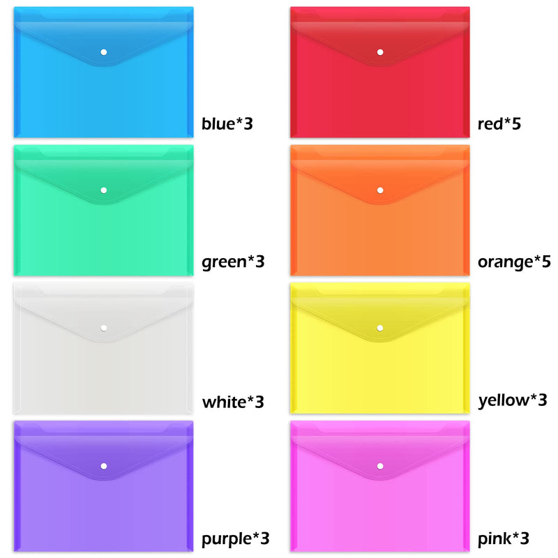[Australia - AusPower] - EOOUT 28pcs Plastic Envelopes, Poly Envelope Folder, 8 Colors, Clear Plastic Reusable Folders with Snap Button Closure, A4 Size, Letter Size, for School and Office Supplies 
