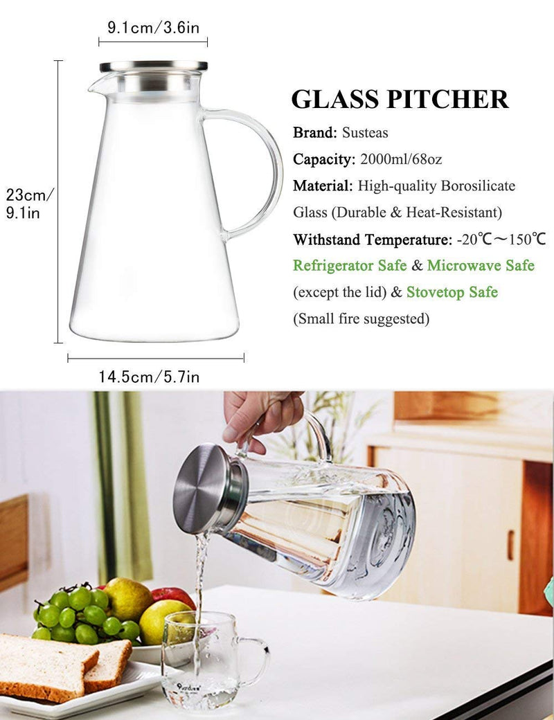 [Australia - AusPower] - SUSTEAS 2.0 Liter 68oz Glass Pitcher with Lid, Easy Clean Heat Resistant Glass Water Carafe with Handle for Hot/Cold Beverages - Water, Cold Brew, Iced Tea & Juice 