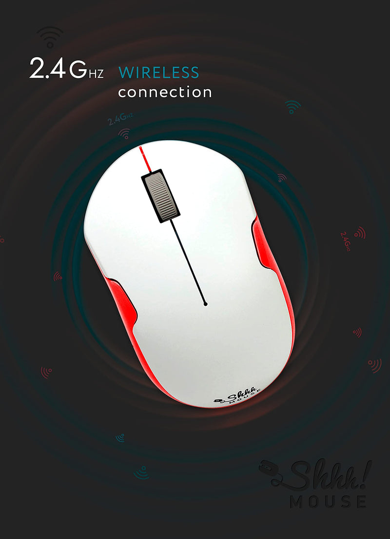 [Australia - AusPower] - ShhhMouse Wireless Silent Noiseless Clickless Mobile Optical Mouse with USB Receiver and Batteries Included, Portable and Compact, for Notebook, PC, Laptop, Chromebook, Computer, MacBook (White/Red) White/Red 